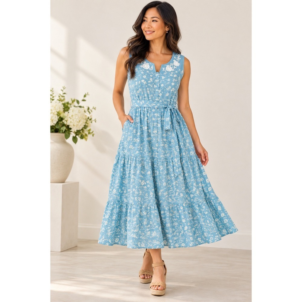 April Cornell Floral Cotton Dress 3X NWT Blue Embroidered Midi Pockets